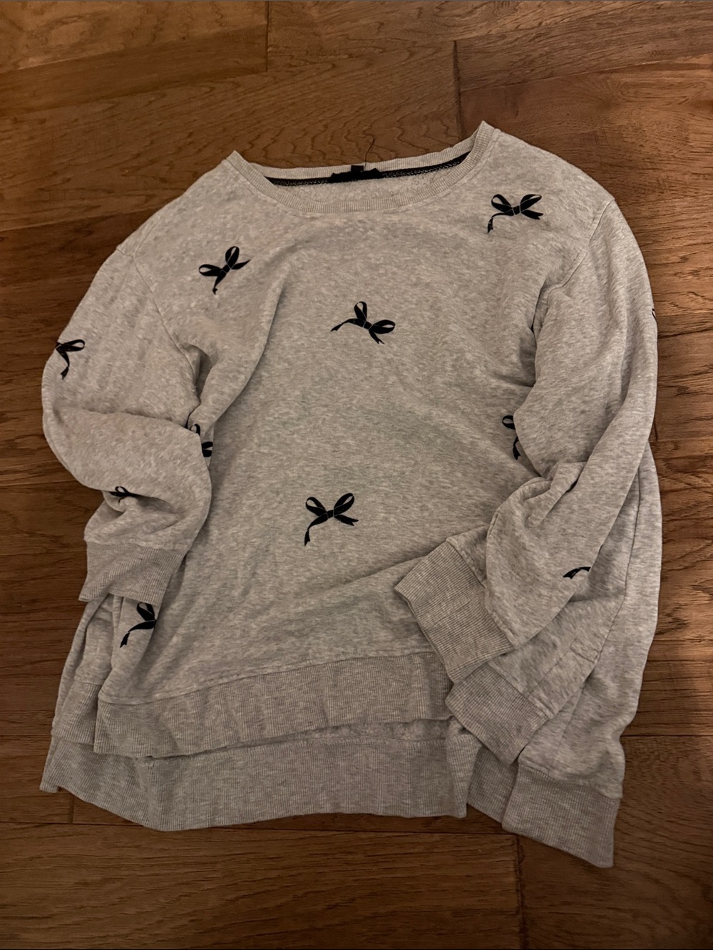 Jane and Delancey Light Gray Crewneck Sweater with Black Bow Accents